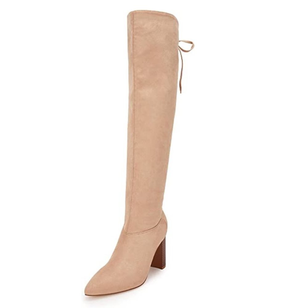 Laicigo Women's Pointed Toe Tall Heeled Boots Knee High Lace Up Chunky Size 5